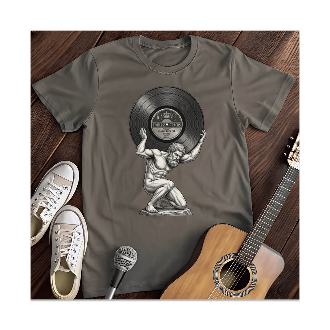 Printify T-Shirt Dark Heather / S Atlas Holding Timeless Tracks Vinyl T-Shirt (1)