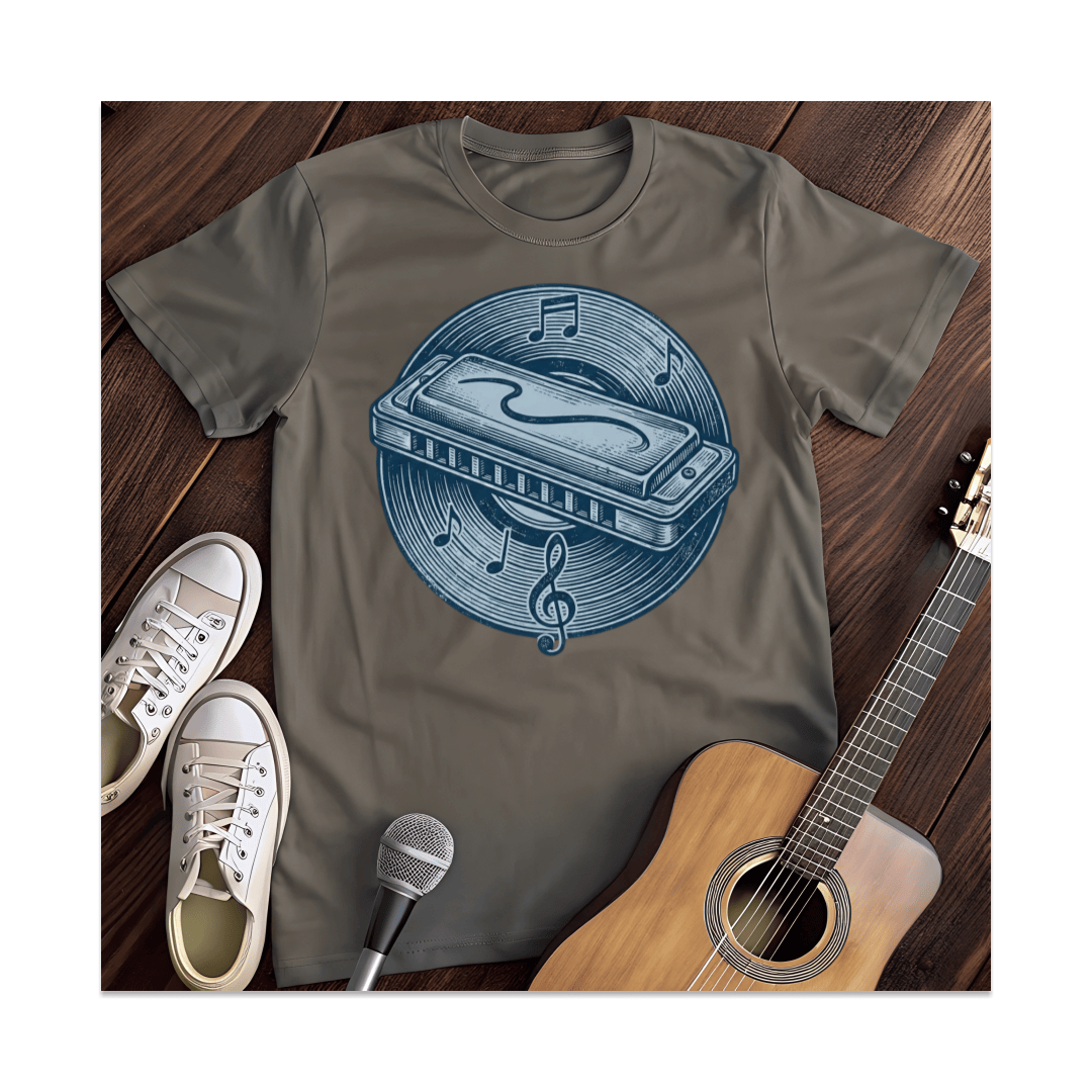 Printify T-Shirt Dark Heather / S Harmonica Vinyl Record T-Shirt