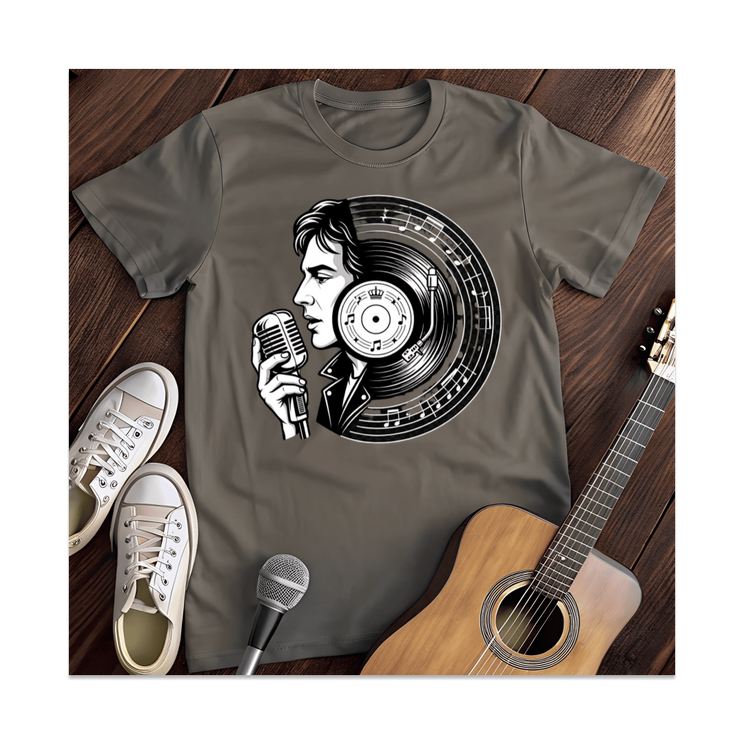 Printify T-Shirt Dark Heather / S Retro Singer Microphone Vinyl T-Shirt