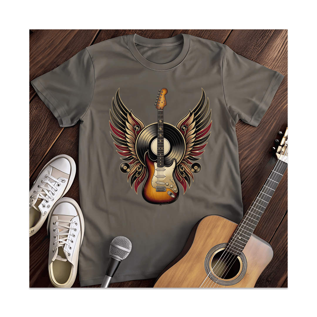 Printify T-Shirt Dark Heather / S Winged Guitar And Vinyl T-Shirt