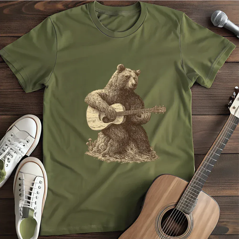 Printify T-Shirt Military Green / S Bear Guitar T Shirt