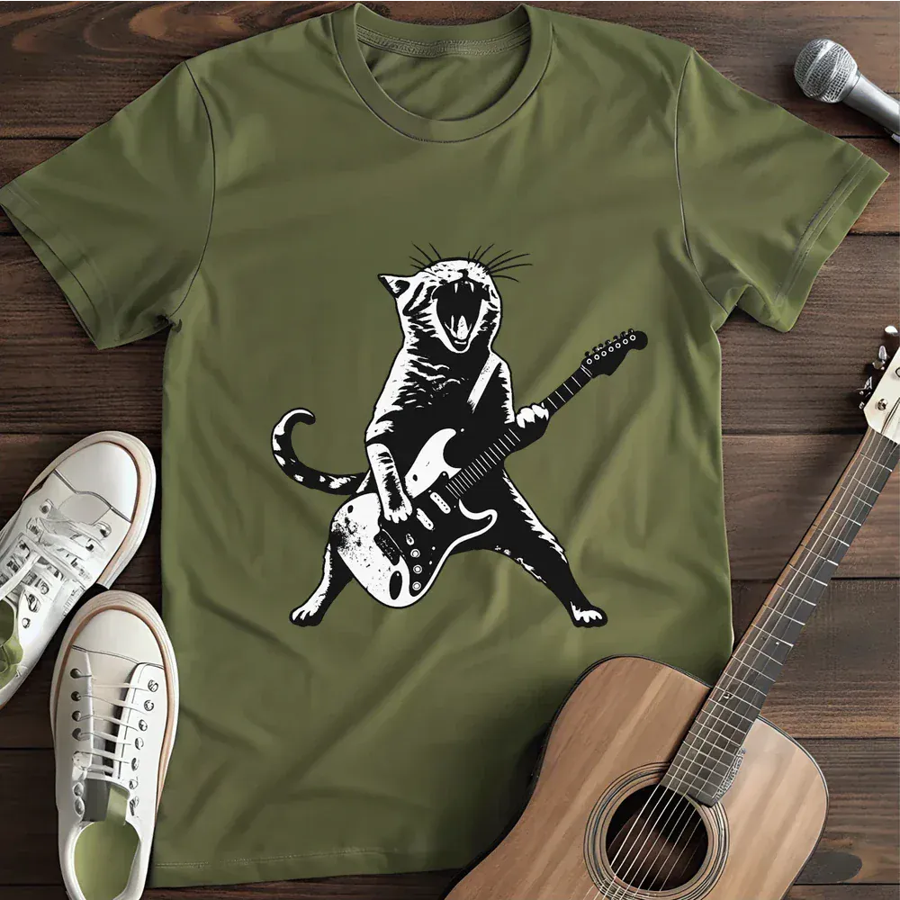 Printify T-Shirt Military Green / S Cat Playing Guitar T Shirt