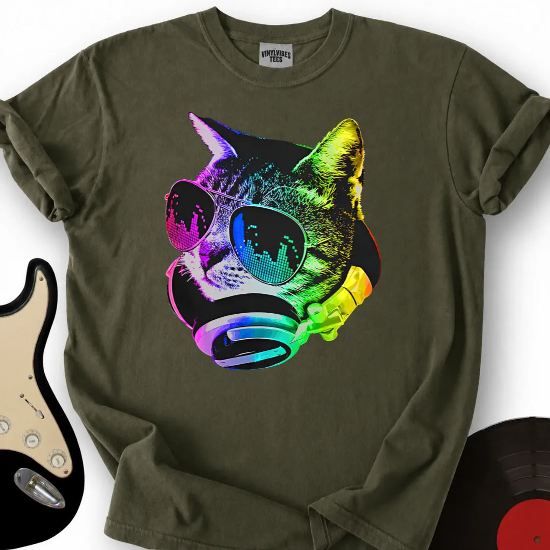 Printify T-Shirt Military Green / S Music Cat T-Shirt