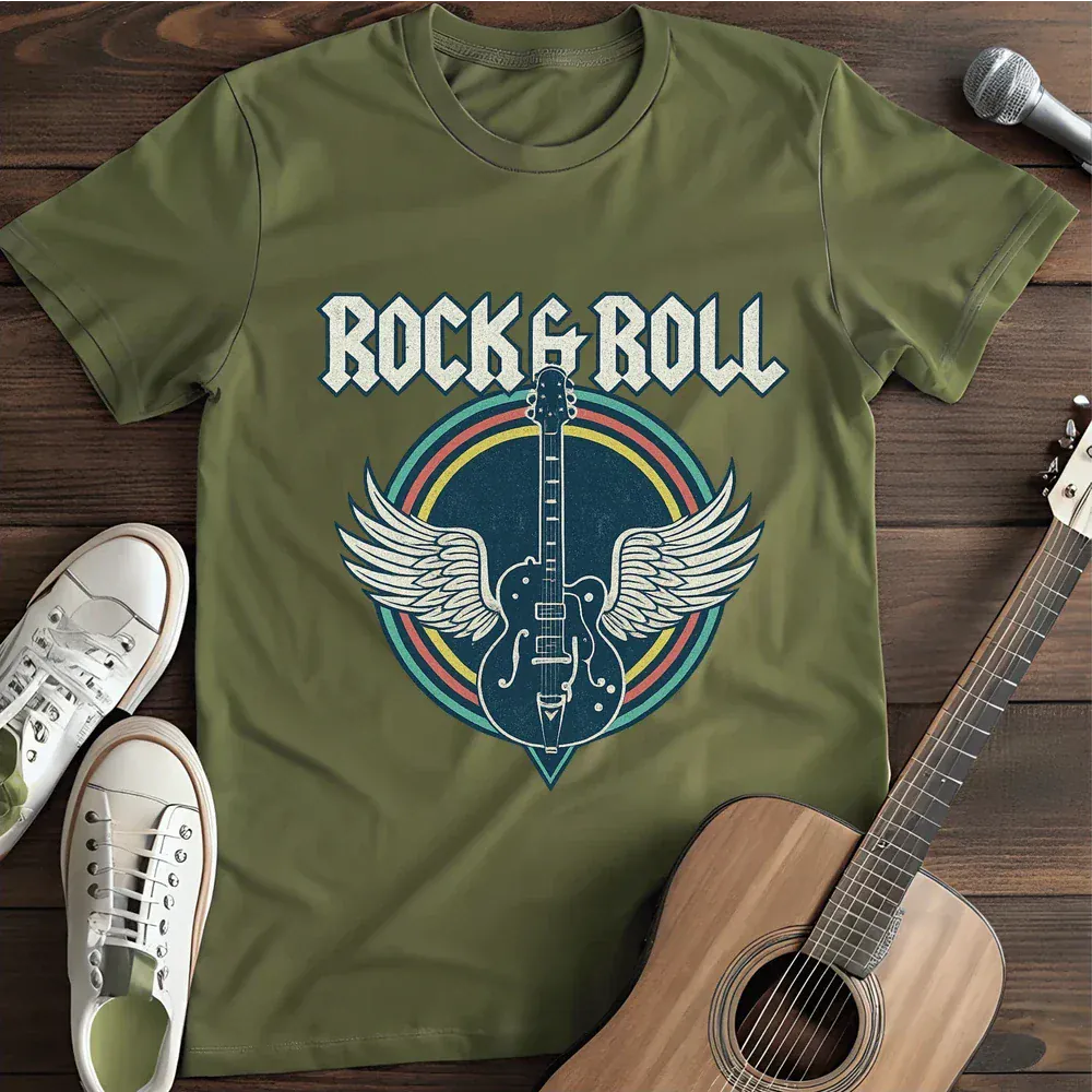 Printify T-Shirt Military Green / S Rock Roll Guitar Wings Music T Shirt