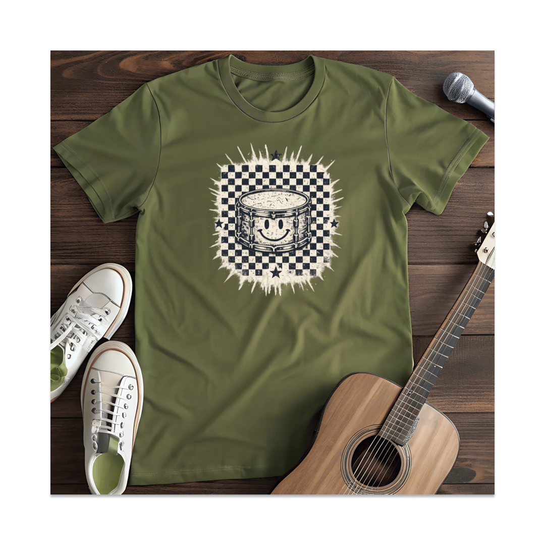 Printify T-Shirt Military Green / S Smiley Drum Checkered T-Shirt