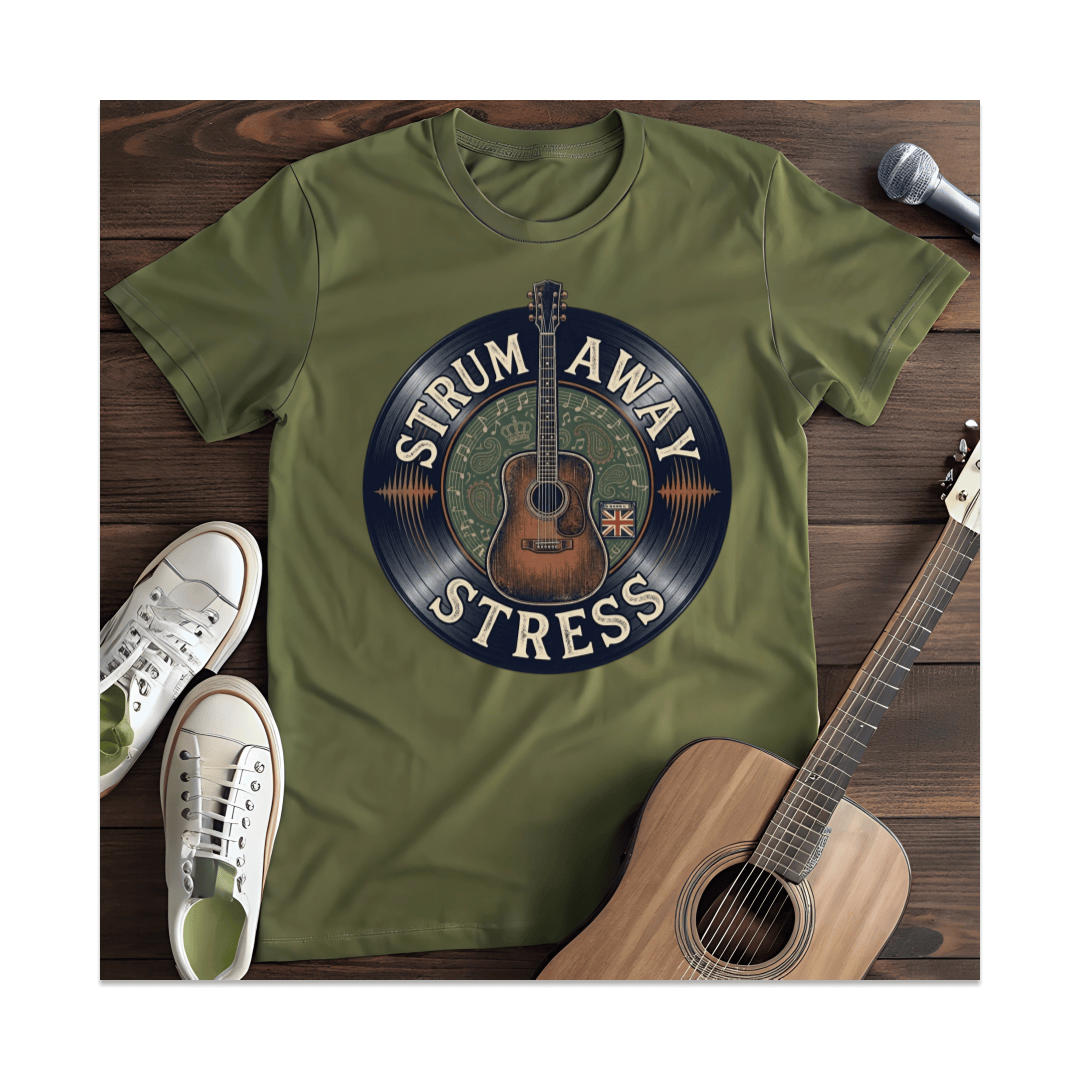 Printify T-Shirt Military Green / S Strum Away Stress Acoustic Guitar T-Shirt