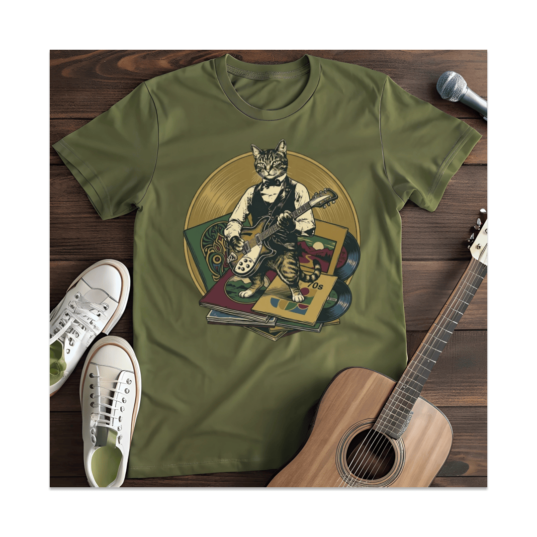 Printify T-Shirt Military Green / S The Vintage Vinyl Cat T-Shirt
