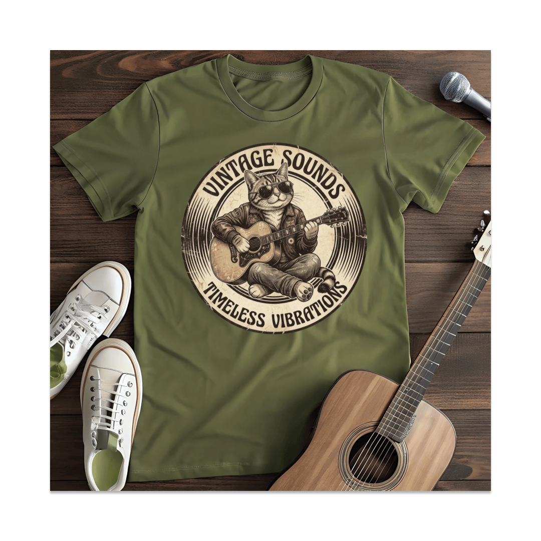 Printify T-Shirt Military Green / S Vintage Sounds Cat Guitarist T-Shirt