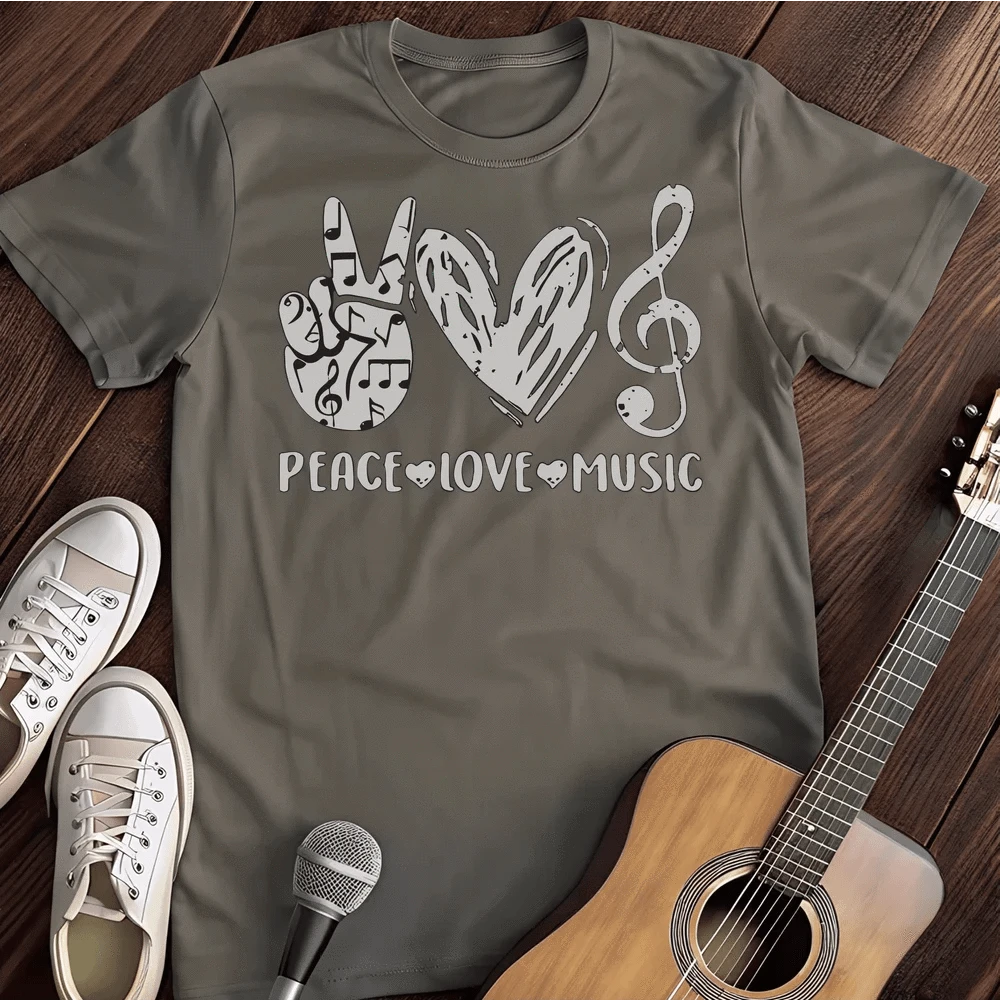 Printify T-Shirt S / Charcoal Peace Love Music T-Shirt