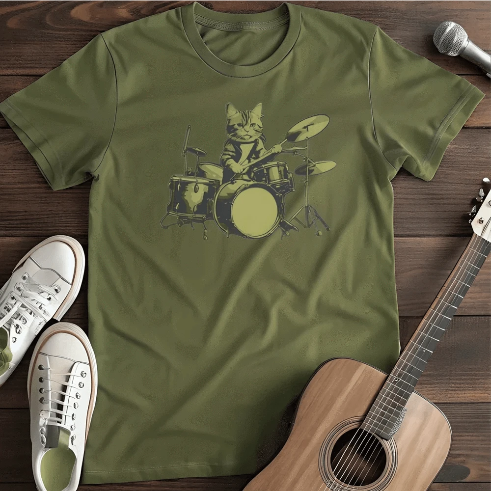 Printify T-Shirt S / Military Green Drumming Cat T Shirt