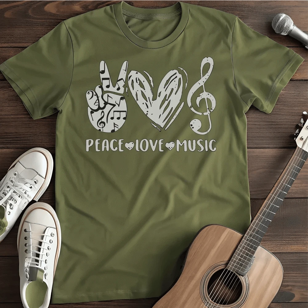 Printify T-Shirt S / Military Green Peace Love Music T-Shirt