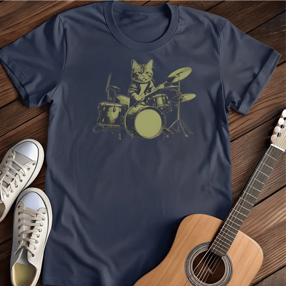 Printify T-Shirt S / Navy Drumming Cat T Shirt