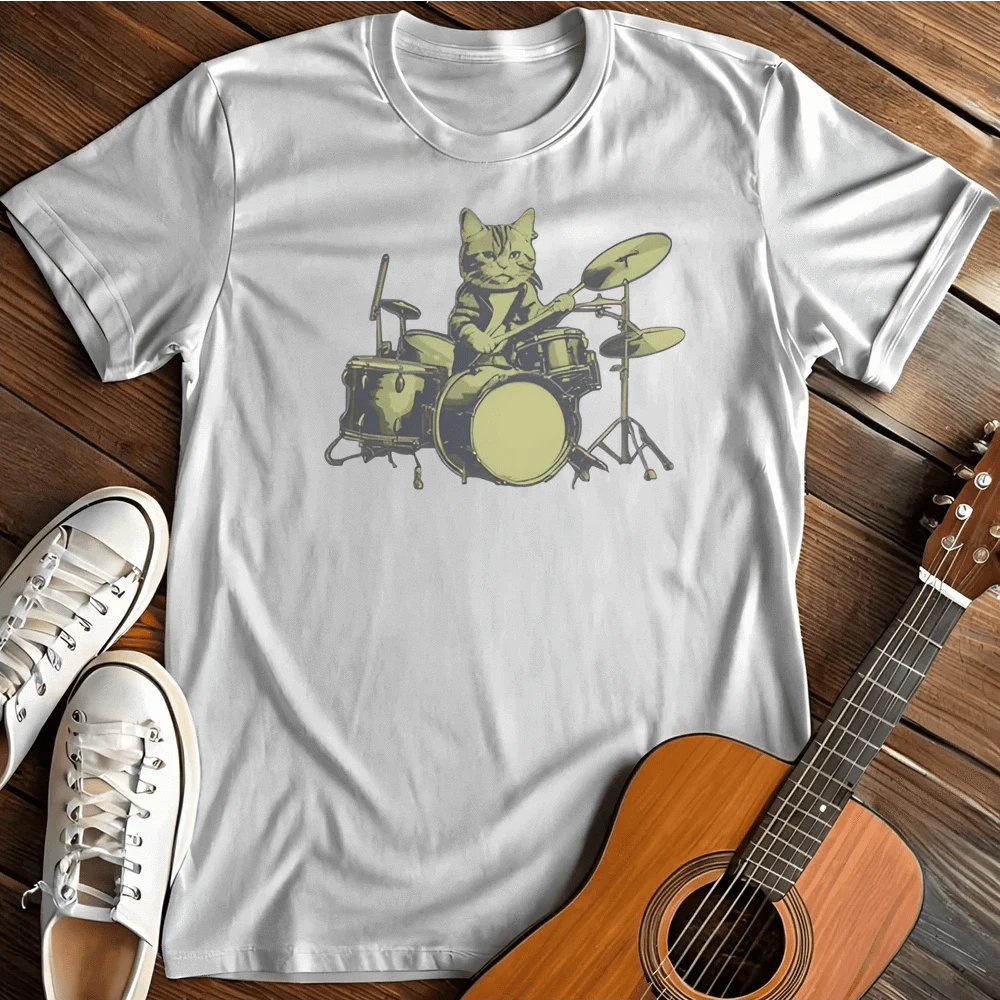 Printify T-Shirt S / White Drumming Cat T Shirt