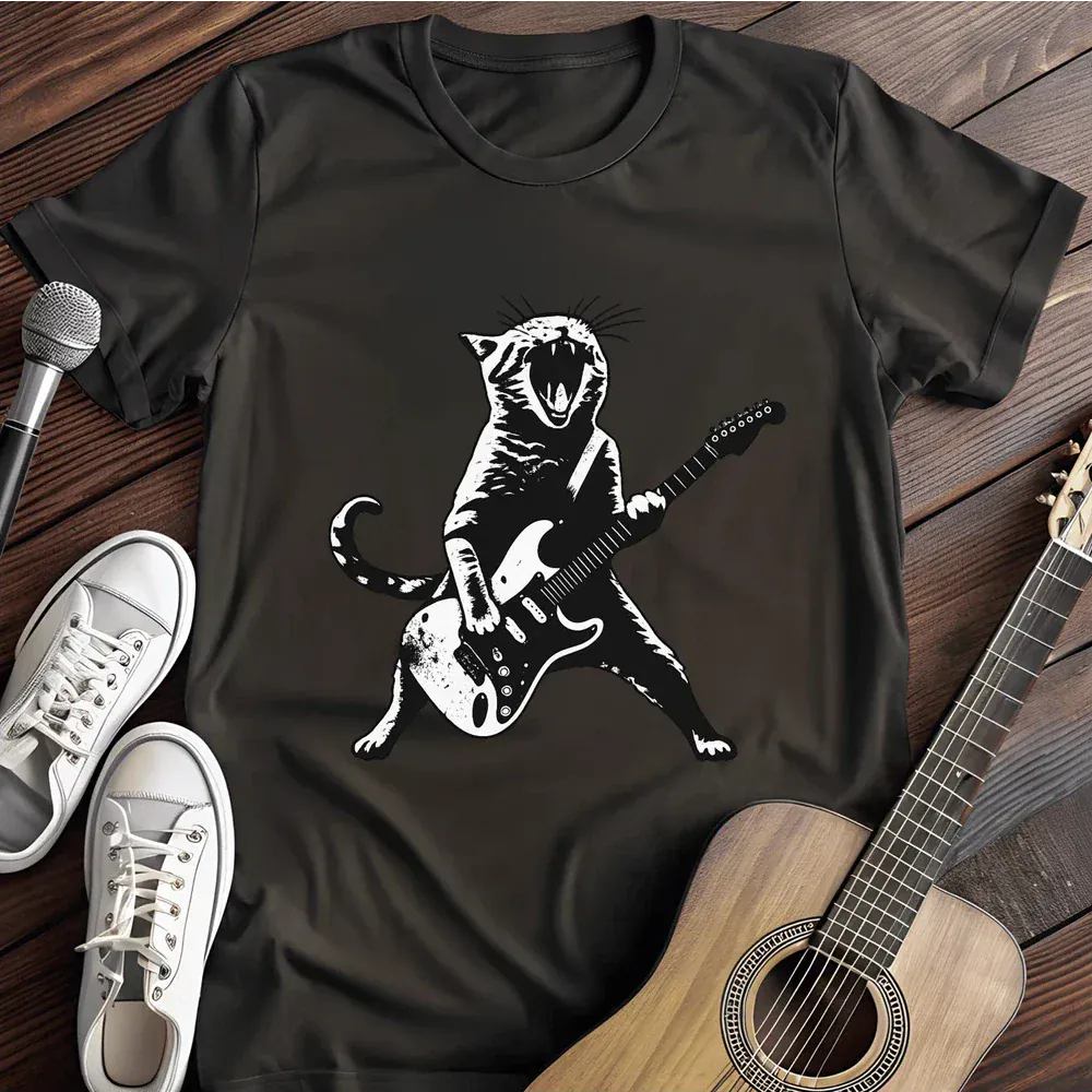 Printify T-Shirt Black / S Cat Playing Guitar T Shirt
