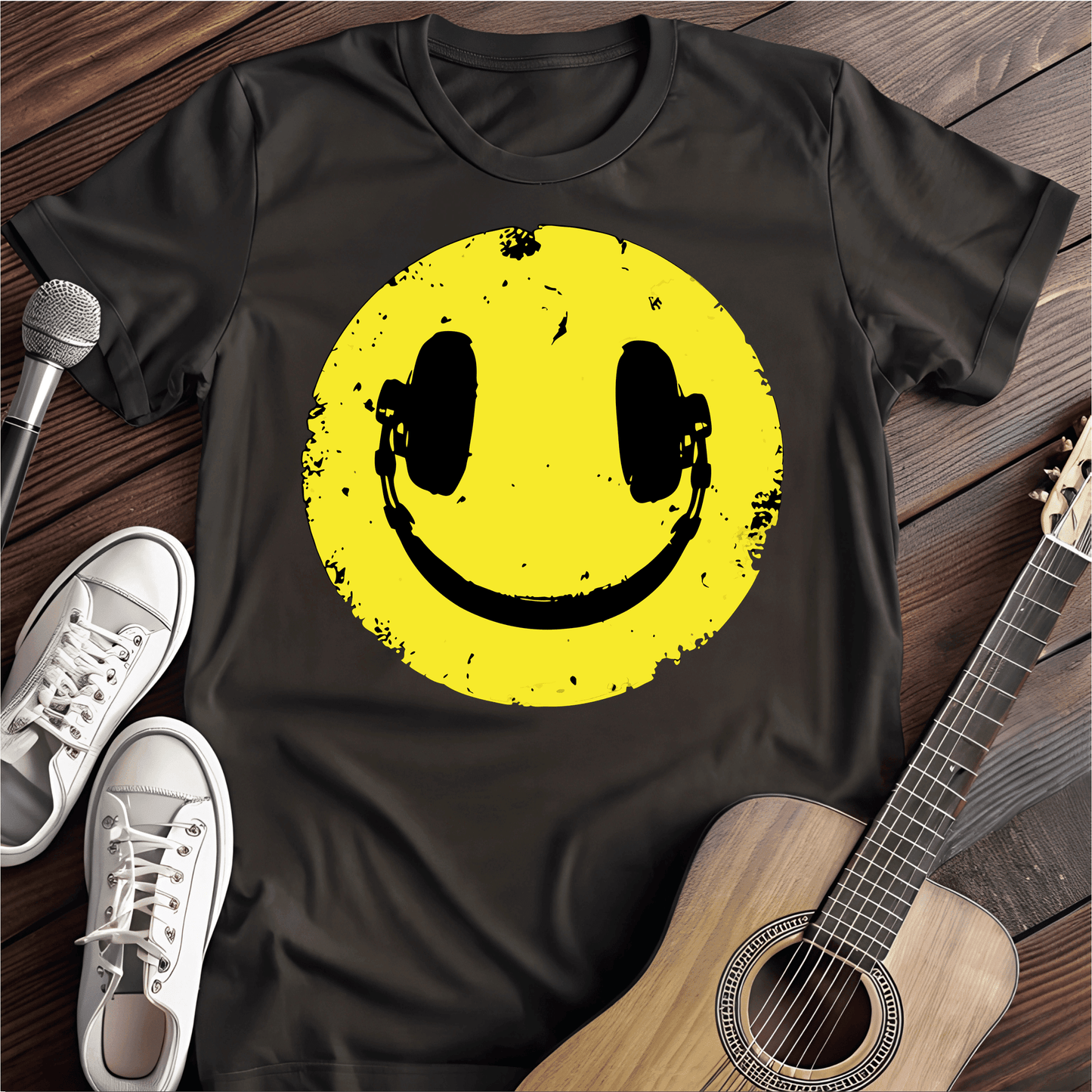 Printify T-Shirt Black / S Headphone smile Bright Tee