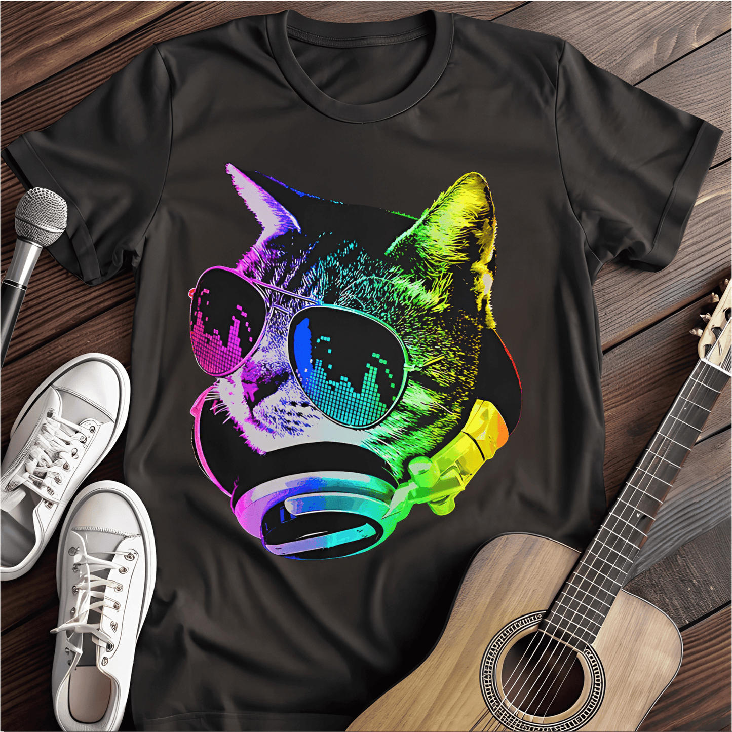 Printify T-Shirt Black / S Music Cat Tee