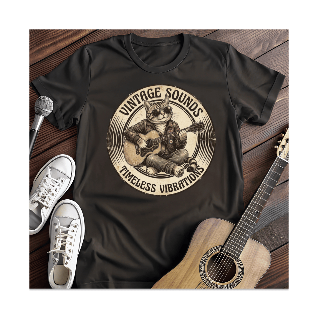 Printify T-Shirt Black / S Vintage Sounds Cat Guitarist T-Shirt