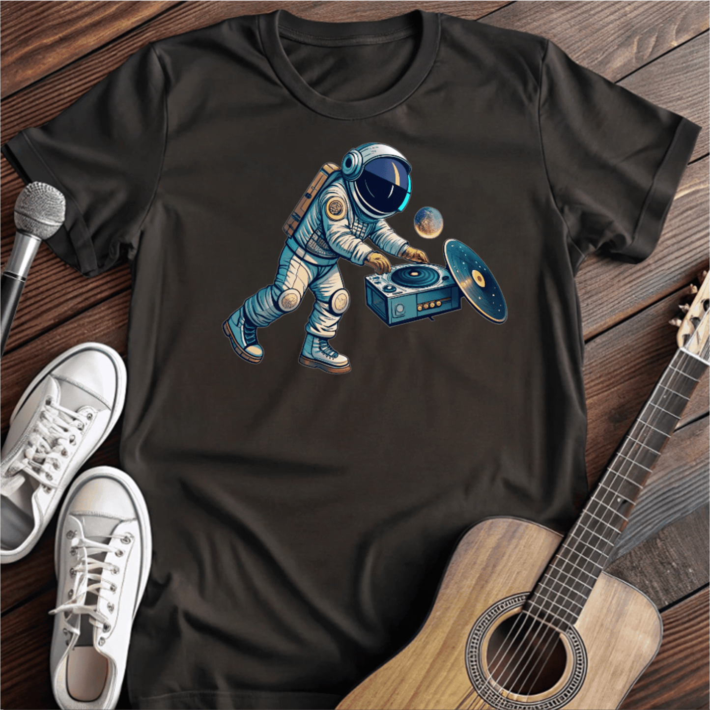 Printify T-Shirt Black / S Vinyl Playing Astronaut Tee