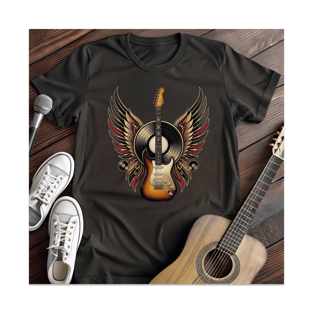 Printify T-Shirt Black / S Winged Guitar And Vinyl T-Shirt