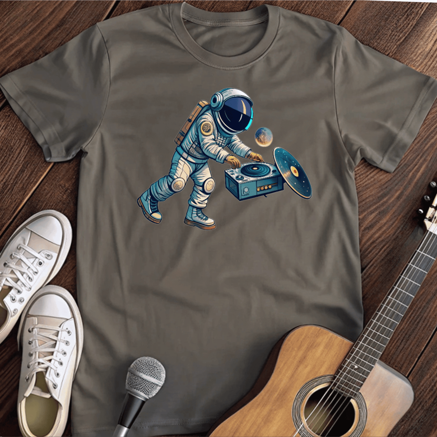 Printify T-Shirt Charcoal / S Vinyl Playing Astronaut Tee