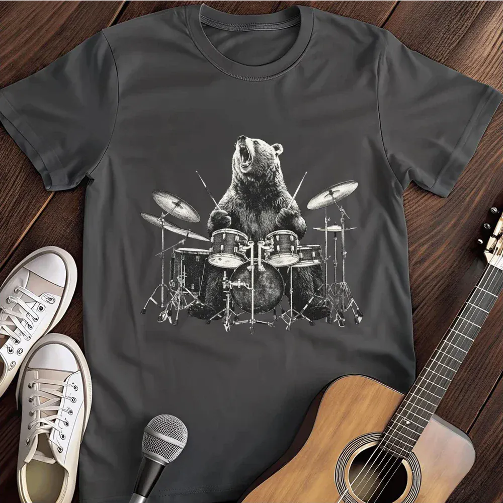 Printify T-Shirt Dark Heather / S Bear Drummer T Shirt