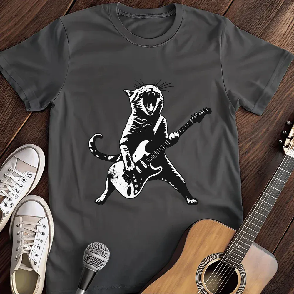 Printify T-Shirt Dark Heather / S Cat Playing Guitar T Shirt