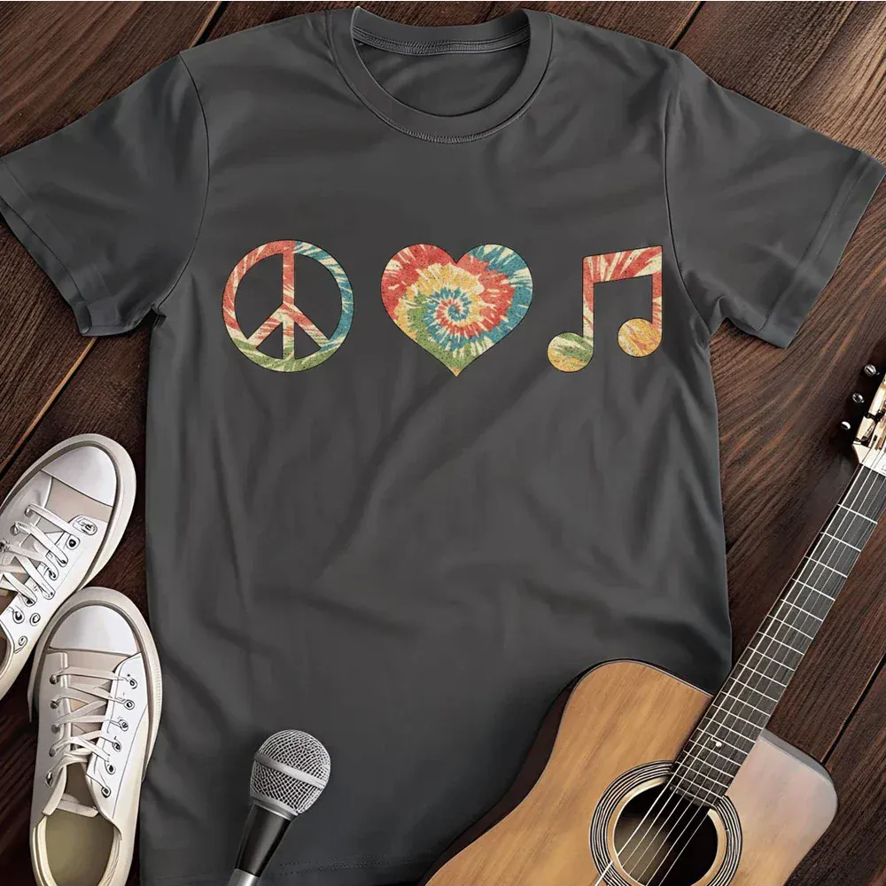 Printify T-Shirt Dark Heather / S Peace Love And Music T Shirt