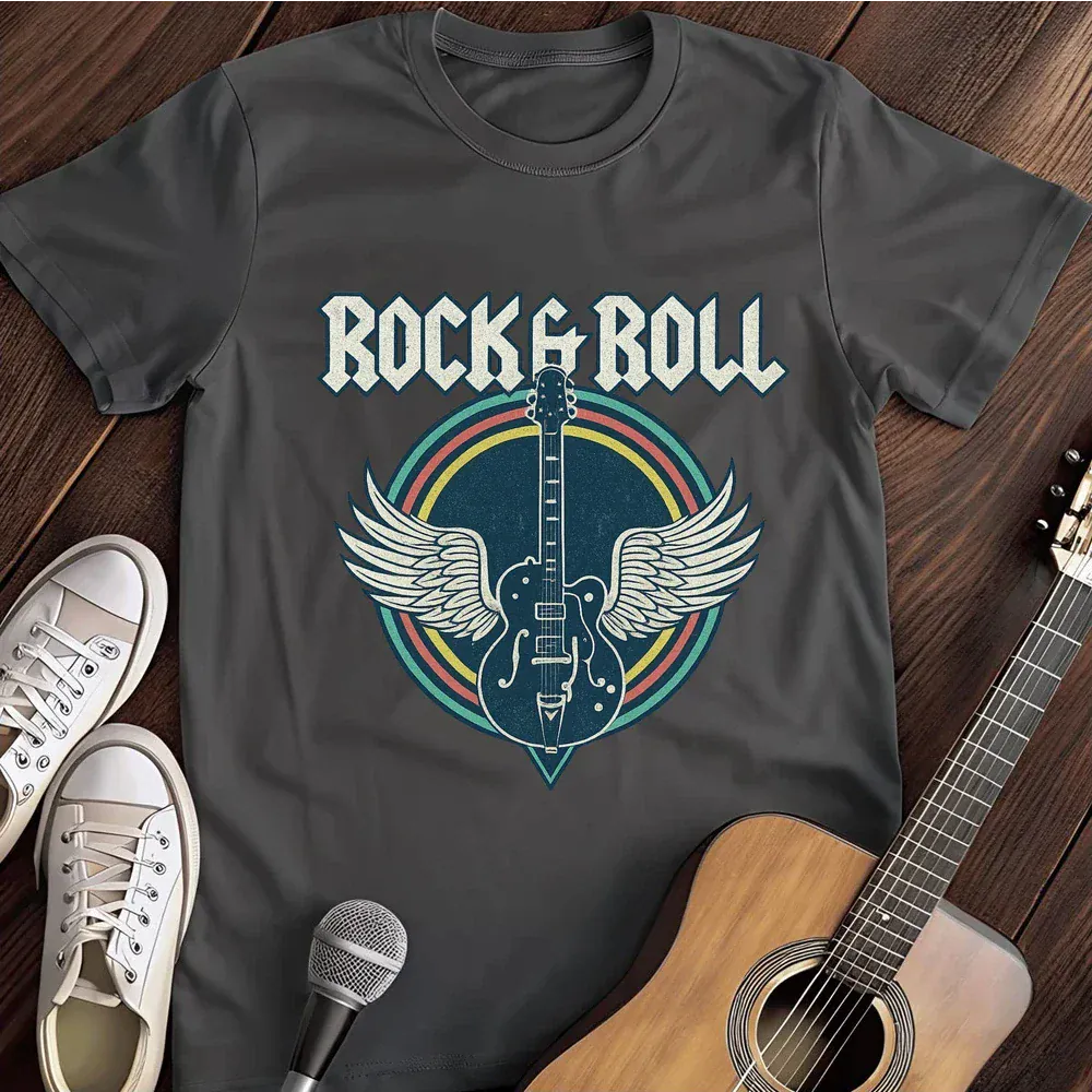 Printify T-Shirt Dark Heather / S Rock Roll Guitar Wings Music T Shirt
