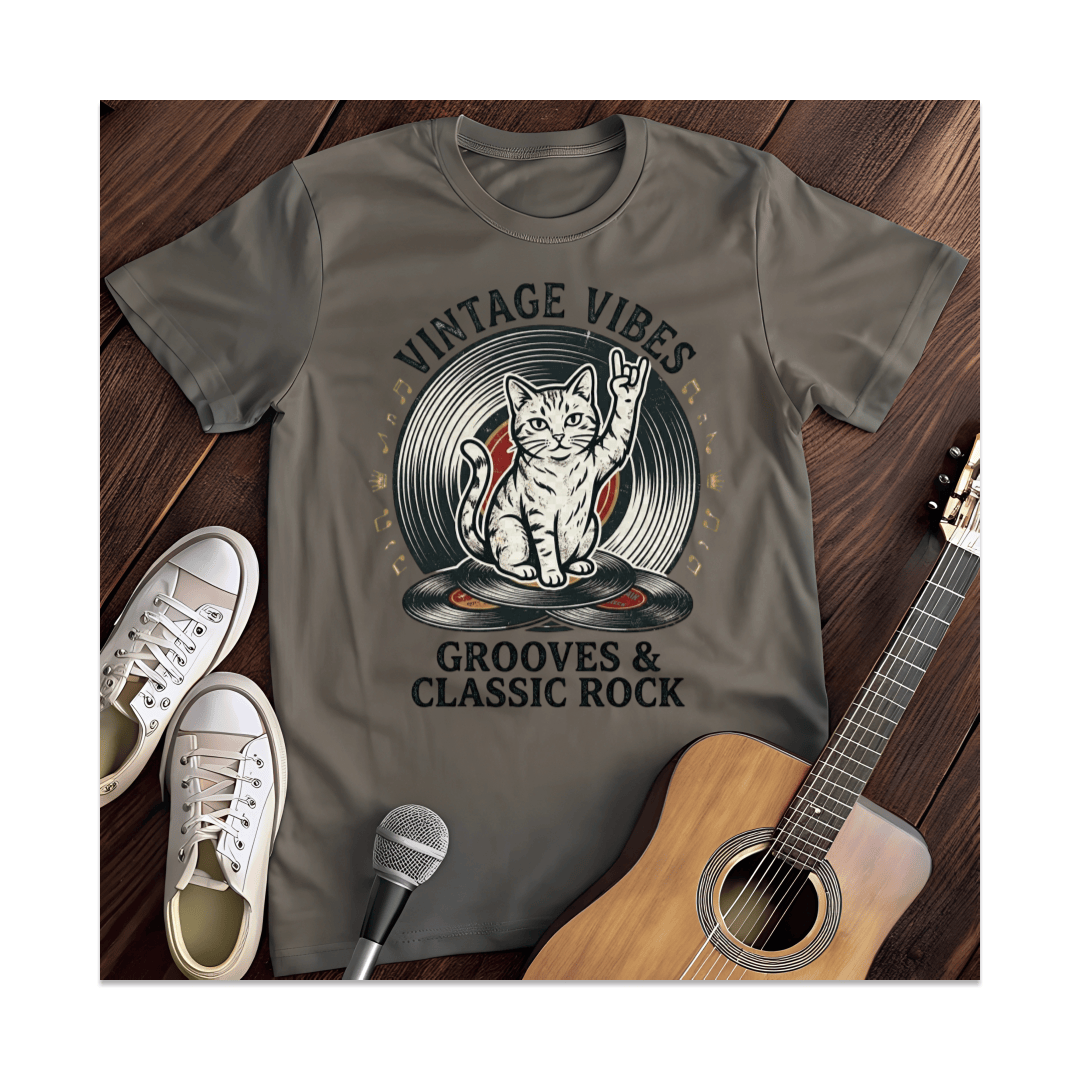 Printify T-Shirt Dark Heather / S Vintage Vibes Rock Cat T-Shirt