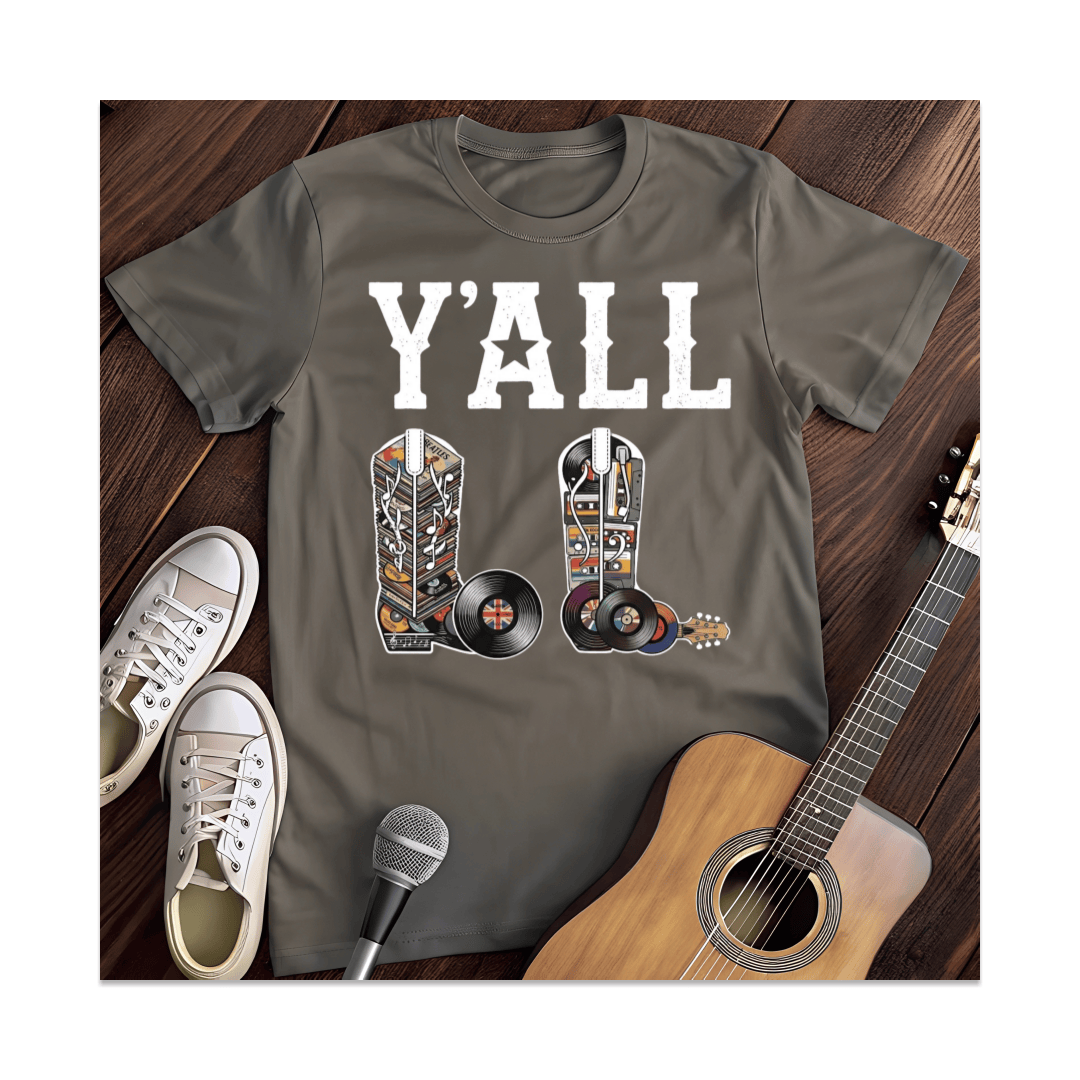 Printify T-Shirt Dark Heather / S Y'all Music Media Cowboy Boots T-Shirt