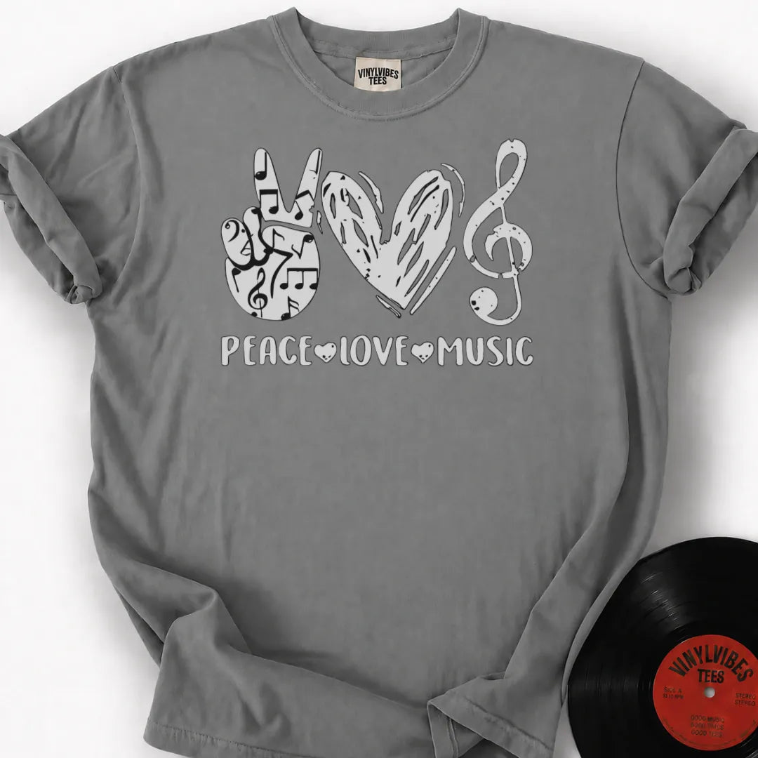 Printify T-Shirt Granite / S Peace Love Music Premium T-Shirt