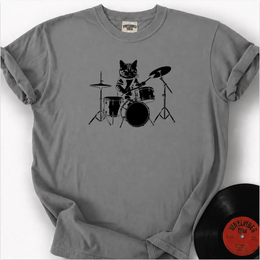 Printify T-Shirt Granite / S The Cool Cat Drummer Premium T-Shirt