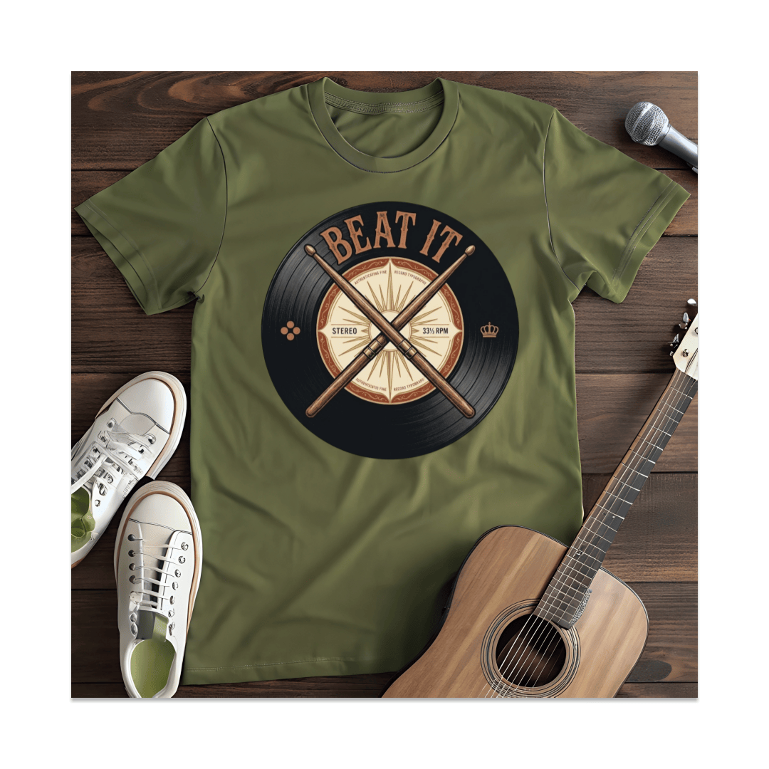 Printify T-Shirt Military Green / S Beat It Drumsticks Record T-Shirt