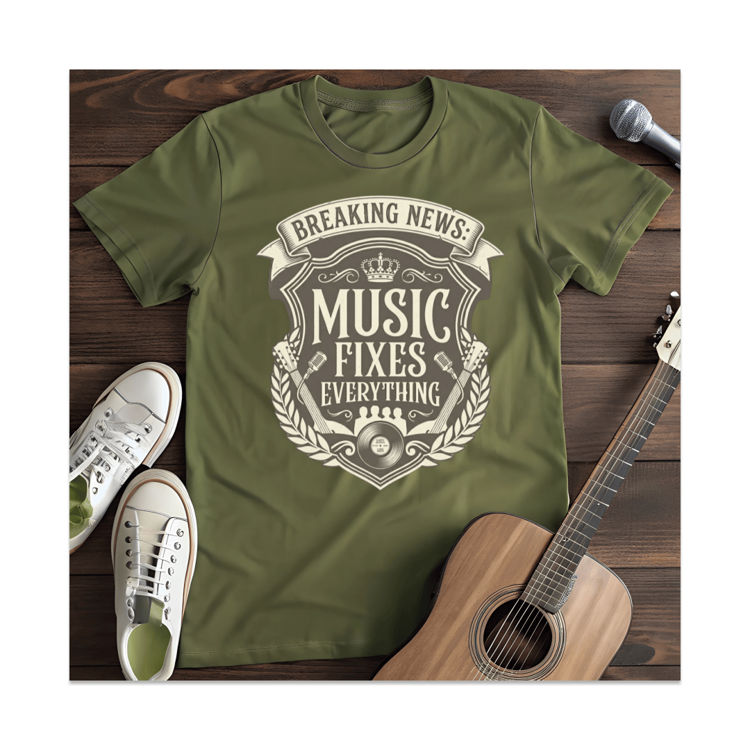 Printify T-Shirt Military Green / S Breaking News Music Fixes Everything T-Shirt