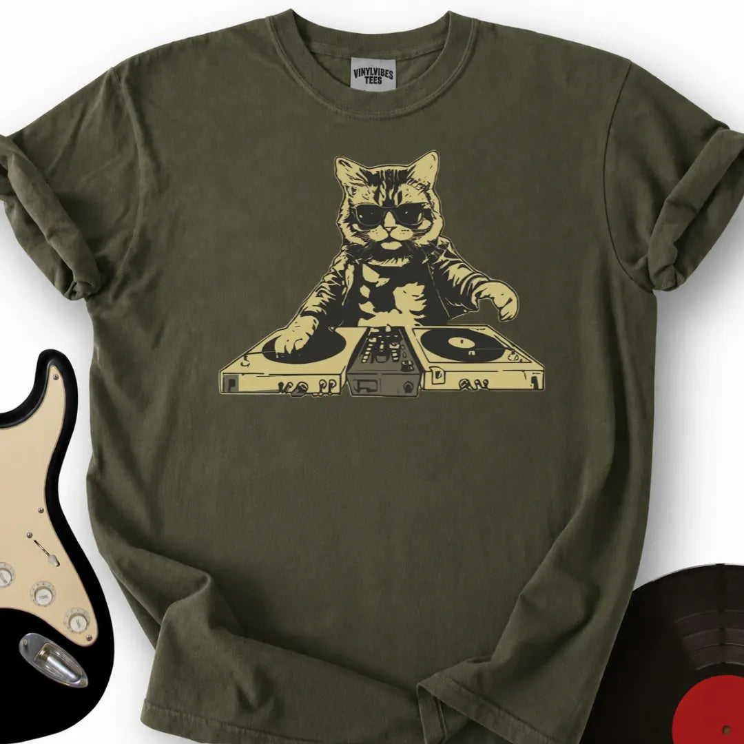 Printify T-Shirt Military Green / S DJ Cat T-Shirt