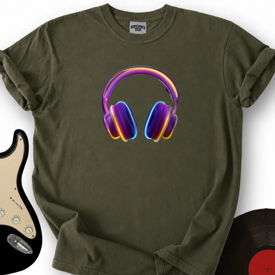 Printify T-Shirt Military Green / S Glowing Headphones T-Shirt