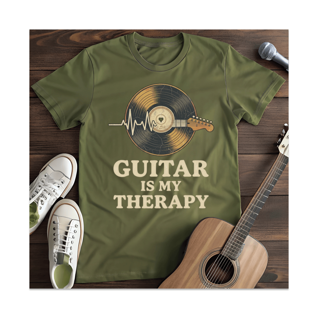 Printify T-Shirt Military Green / S Guitar Is My Therapy Vinyl T-Shirt