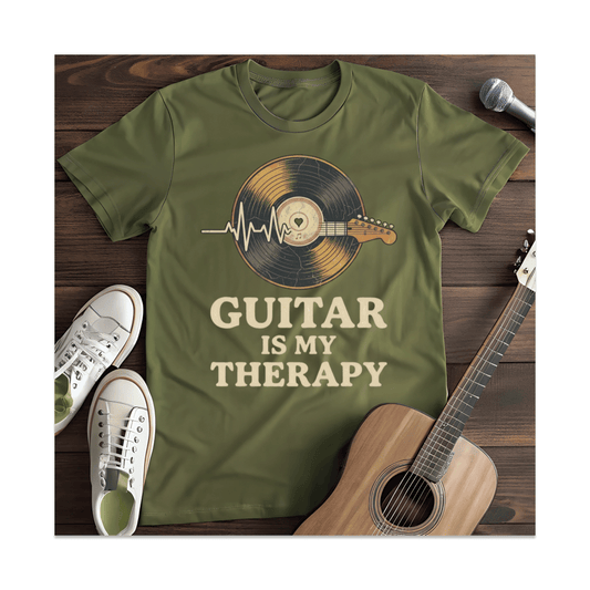 Printify T-Shirt Military Green / S Guitar Is My Therapy Vinyl T-Shirt