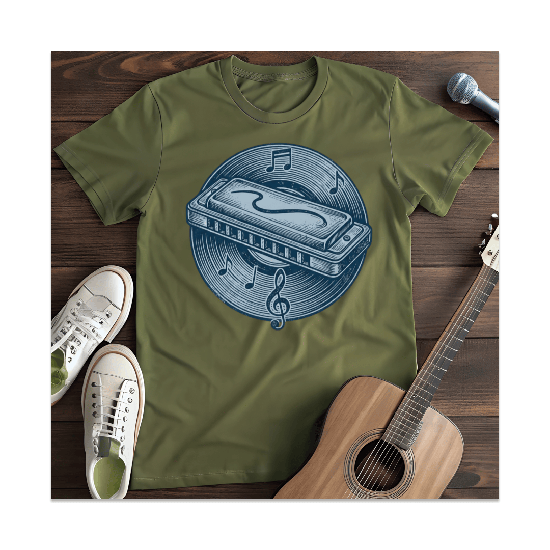 Printify T-Shirt Military Green / S Harmonica Vinyl Record T-Shirt