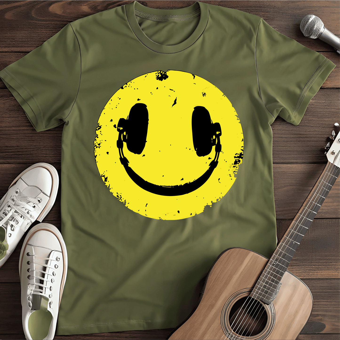 Printify T-Shirt Military Green / S Headphone smile Bright Tee