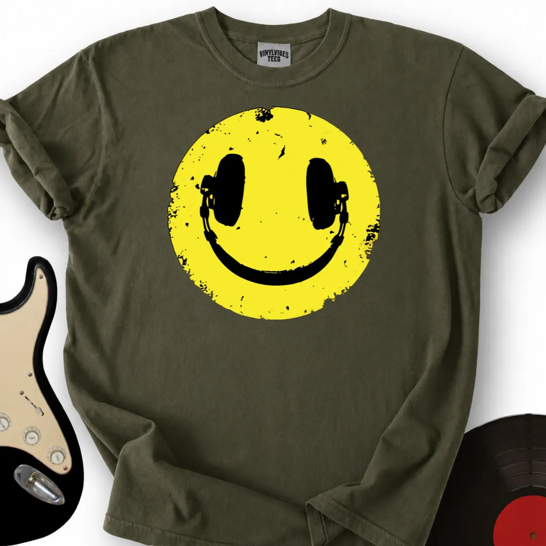 Printify T-Shirt Military Green / S Headphone Smiley T-Shirt