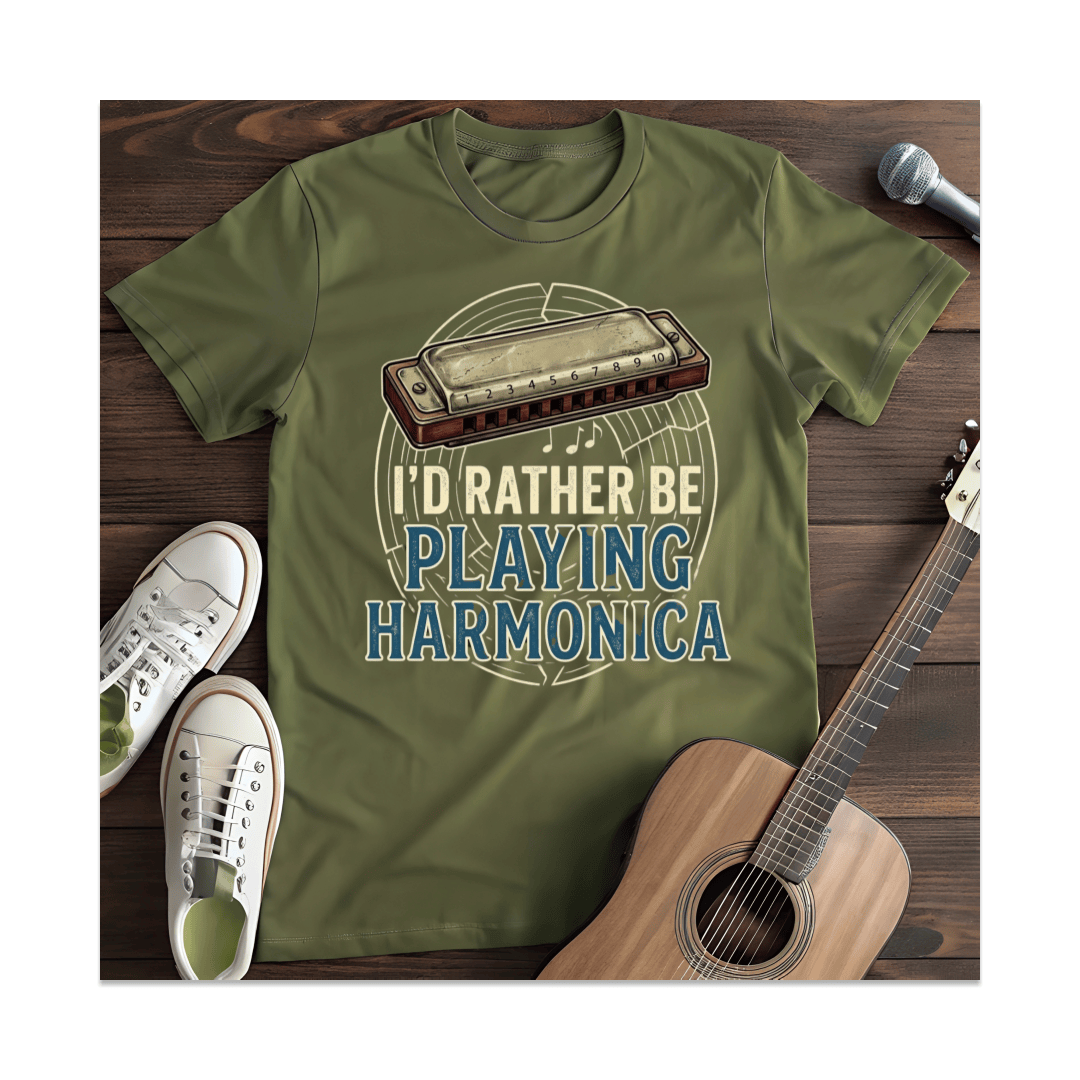 Printify T-Shirt Military Green / S I'd Rather Be Playing Harmonica T-Shirt