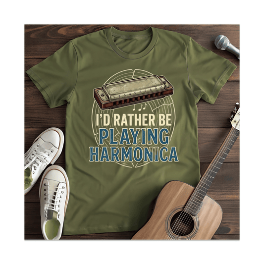 Printify T-Shirt Military Green / S I'd Rather Be Playing Harmonica T-Shirt