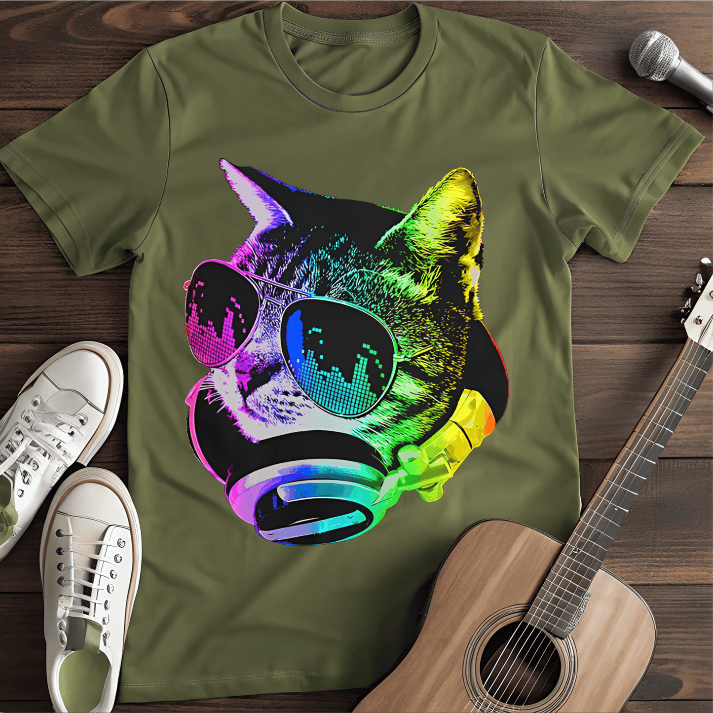 Printify T-Shirt Military Green / S Music Cat Tee