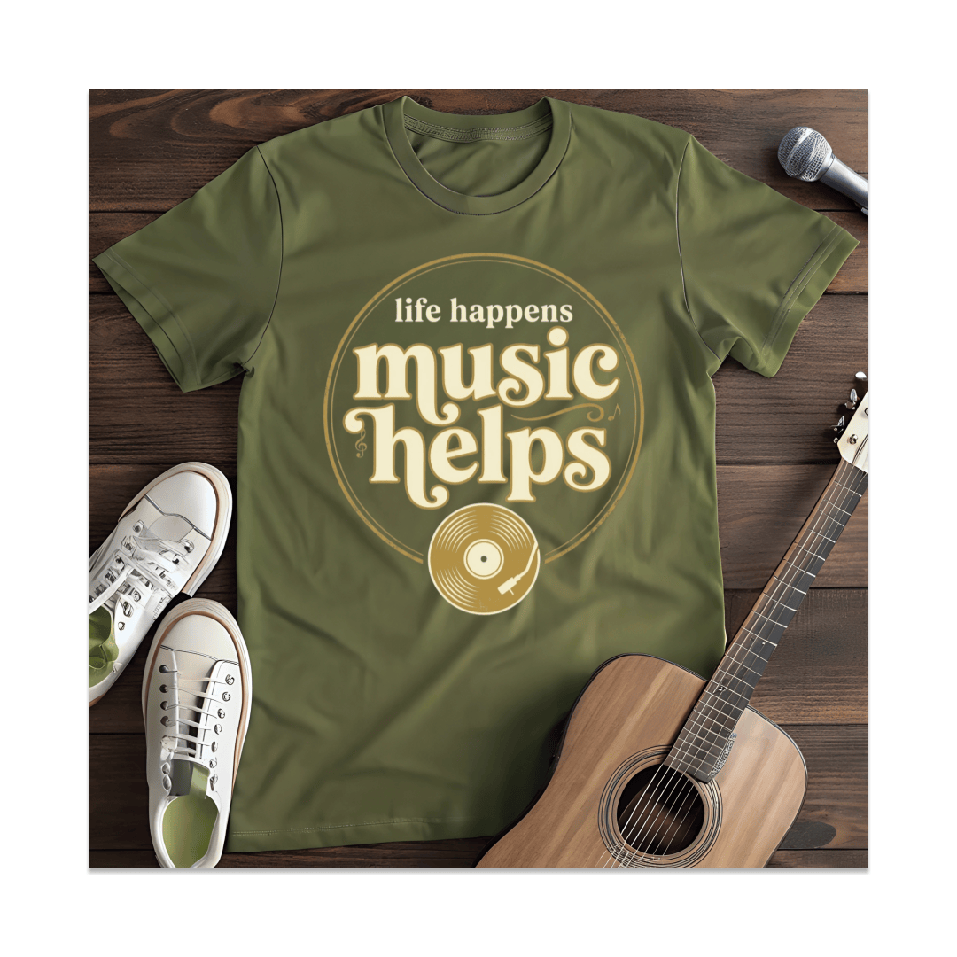 Printify T-Shirt Military Green / S Music Helps T-Shirt