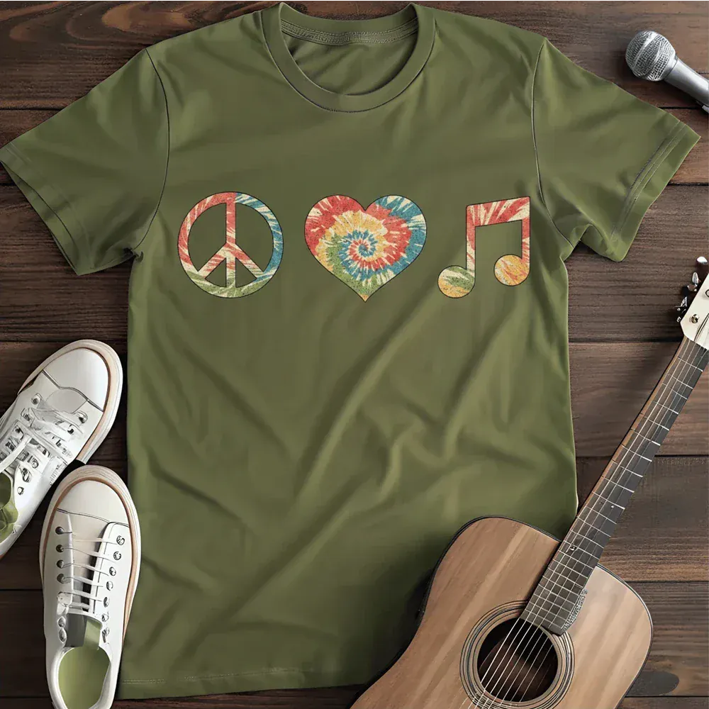 Printify T-Shirt Military Green / S Peace Love And Music T Shirt