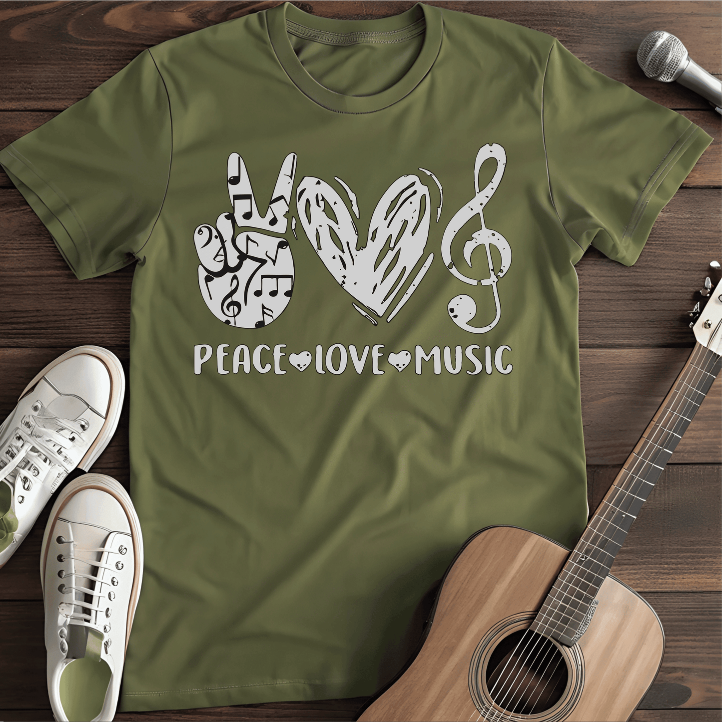 Printify T-Shirt Military Green / S Peace Love Music Tee