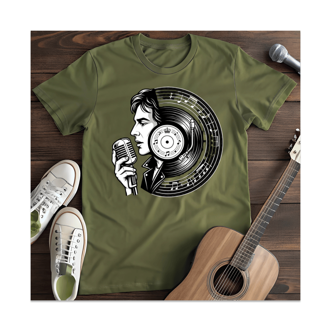 Printify T-Shirt Military Green / S Retro Singer Microphone Vinyl T-Shirt