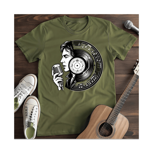 Printify T-Shirt Military Green / S Retro Singer Microphone Vinyl T-Shirt