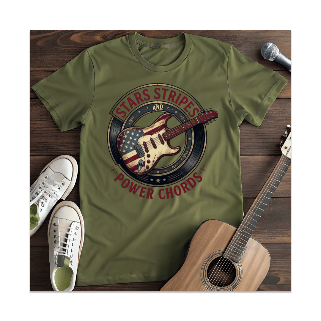 Printify T-Shirt Military Green / S Stars Stripes And Power Chords T-Shirt